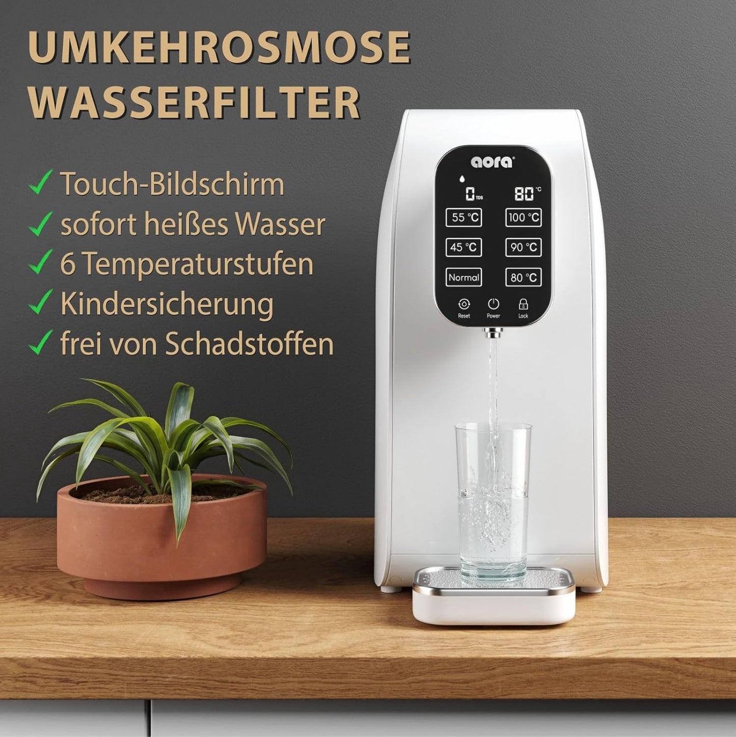 AORA | Mobile Umkehrosmoseanlage ohne Festwasseranschluss | FRESH OSMOSIS WATER | Kein Wasseranschluss nötig, 6 Temperaturstufen Raumtemperiert - 100 °C, 5 Stufen Filterung, Wasserqualität Überwachung